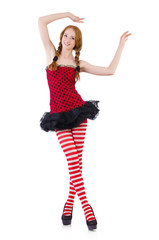 Redhead girl in red dress and stockings on white