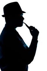Silhouette of Man Smoking Pipe on a White Background