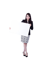 young business woman showing blank signboard