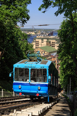 Naklejka premium Funicular trains moving on the hill