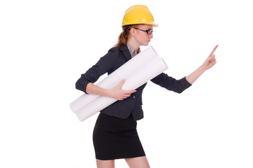 Young architect with drawings on white