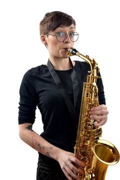 young woman playing the saxophone