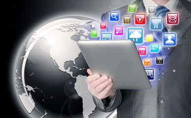 Business man use tablet pc with colorful application icons