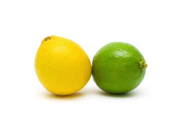 lemon and lime closeup on a white background.