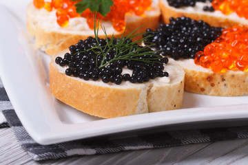 sandwiches black and red caviar on a plate closeup. horizontal