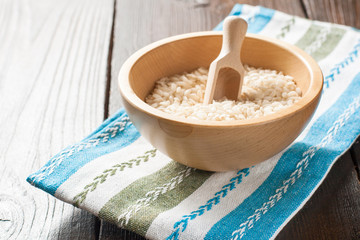 Rice in wooden bowl