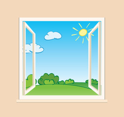 Fototapeta premium open window with green nature outside - vector illustration