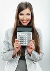 Woman accountant portrait. Young business woman. White backgrou