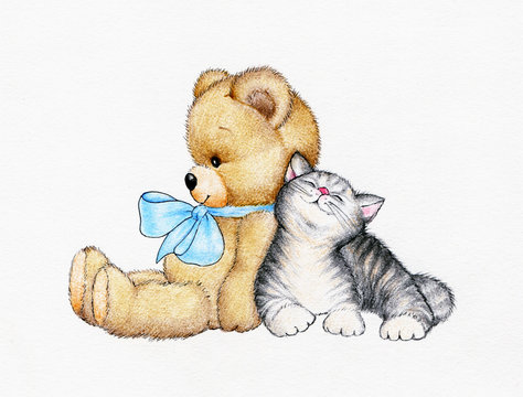 Teddy bear with kitten