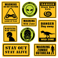 Set of unusual and funny warning signs.