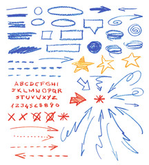 Set of hand drawn elements. Crayon.