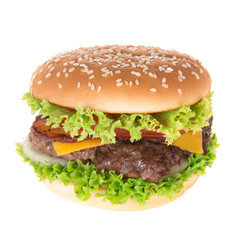 delicious hamburger over white