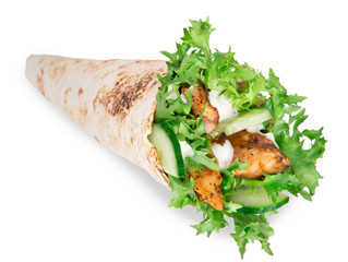 Chicken slices in a Tortilla Wrap over white