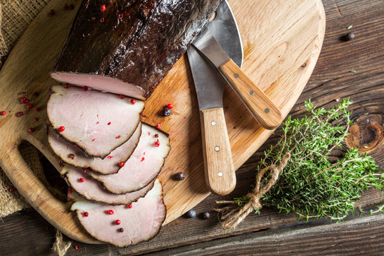 Closeup of fresh smoked ham in pantry