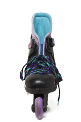 Close up view of inline skates isolated on a white background.