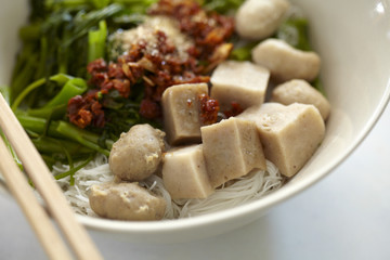beef and pork meatball noodle in sun light