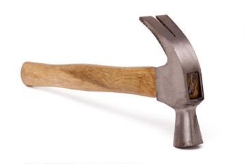 Close up view of a hammer isolated on a white background.