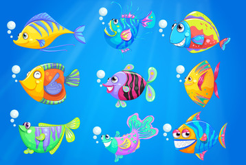 Fototapeta na wymiar Nine colourful fishes under the deep ocean