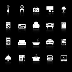 Home furniture icons with reflect on black background