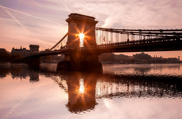 Chain Bridge against sunrise in Budapest, Hungary