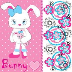 cute white bunny happy easter card vector illustration