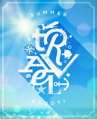 Summer travel type design against a sunny seascape