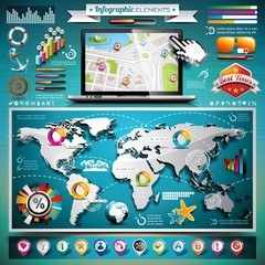 Vector summer travel infographic set with world map