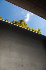 Concrete wall, blue sky and trees appearing from a gap