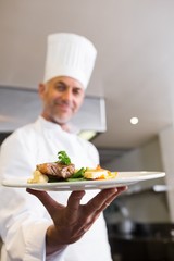 Confident male chef with cooked food in kitchen