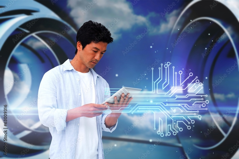 Poster casual man using tablet with circuit board