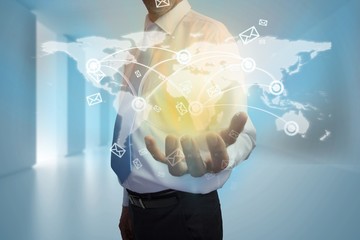 Businessman presenting map interface with email