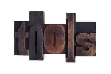 tools, word written in letterpress type blocks