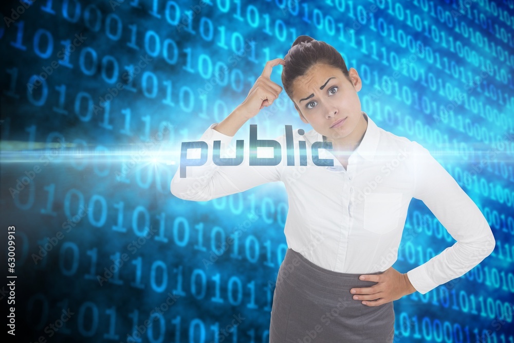 Poster Public against shiny blue binary code on black background