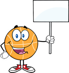 Happy Basketball Cartoon Character Holding A Blank Sign