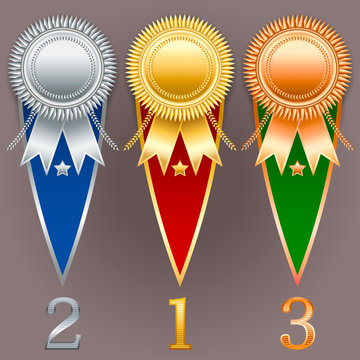 Sports pennants. Set of golden, silver and bronze badges with ri