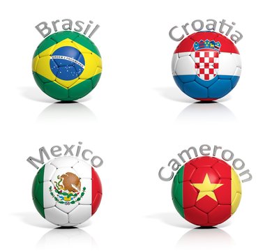 Group of soccer balls Brazil,Mexico,Cameroon,Croatia isolated