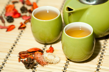 Tea cups with teapot on table