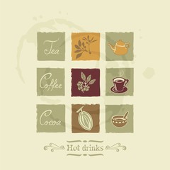 Beverages elements with tea, coffee and cocoa