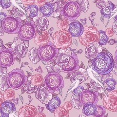 Seamless Rose Background with Birds