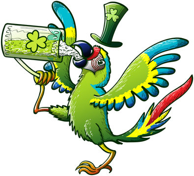 Saint Paddy's Day Macaw Drinking Beer and Celebrating