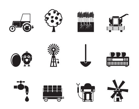 Silhouette farming industry and farming tools icons
