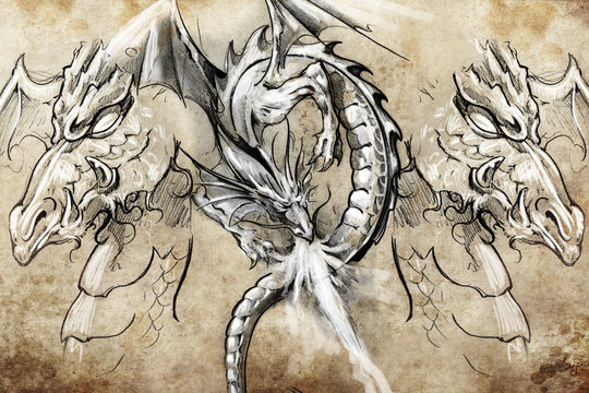 Dragon lizzard, Tattoo sketch, handmade design over vintage pape