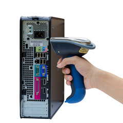 Holding and Scanning label on the computer with wireless barcode