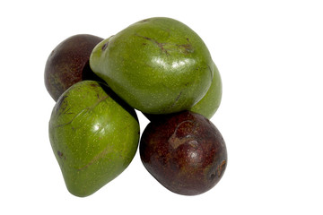 Three Green and Two Ripe Organic Avocado Pears