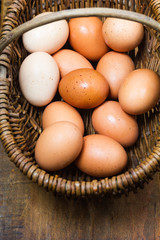 Organic, free-range eggs in vintage French basket