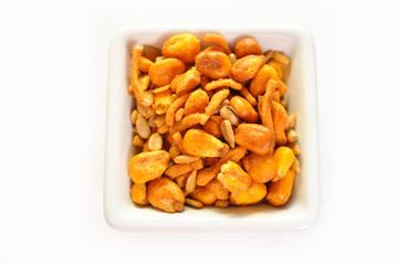 Naklejka premium Top View of Spicy Trail Mix in a Square Bowl
