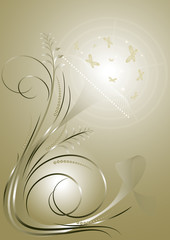 Beige satin background with swirling lines and butterflies