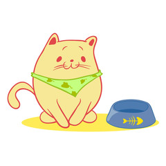 hungry cat sitting in bowls for food