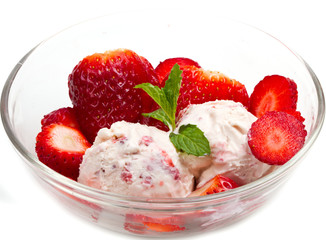 Strawberry ice cream with fruits close up