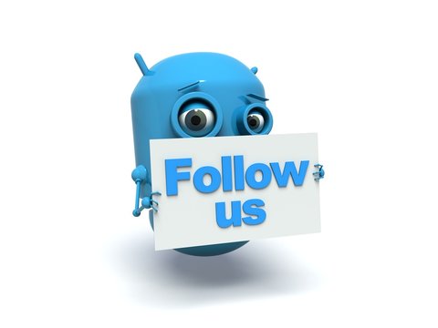 Cute blue robot with message board 'Follow us'